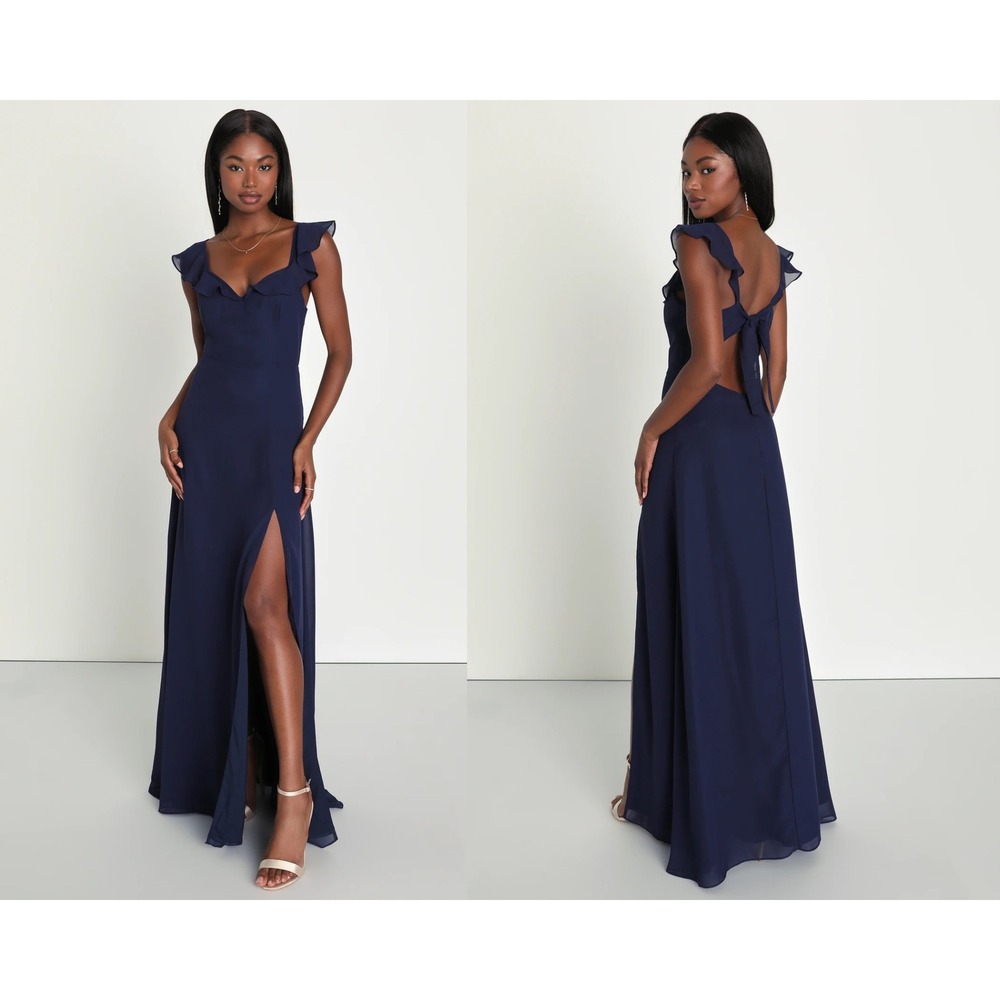 Lulus Sweetest Entrance Navy Blue Ruffled Tie-Back Maxi Dress Size Large